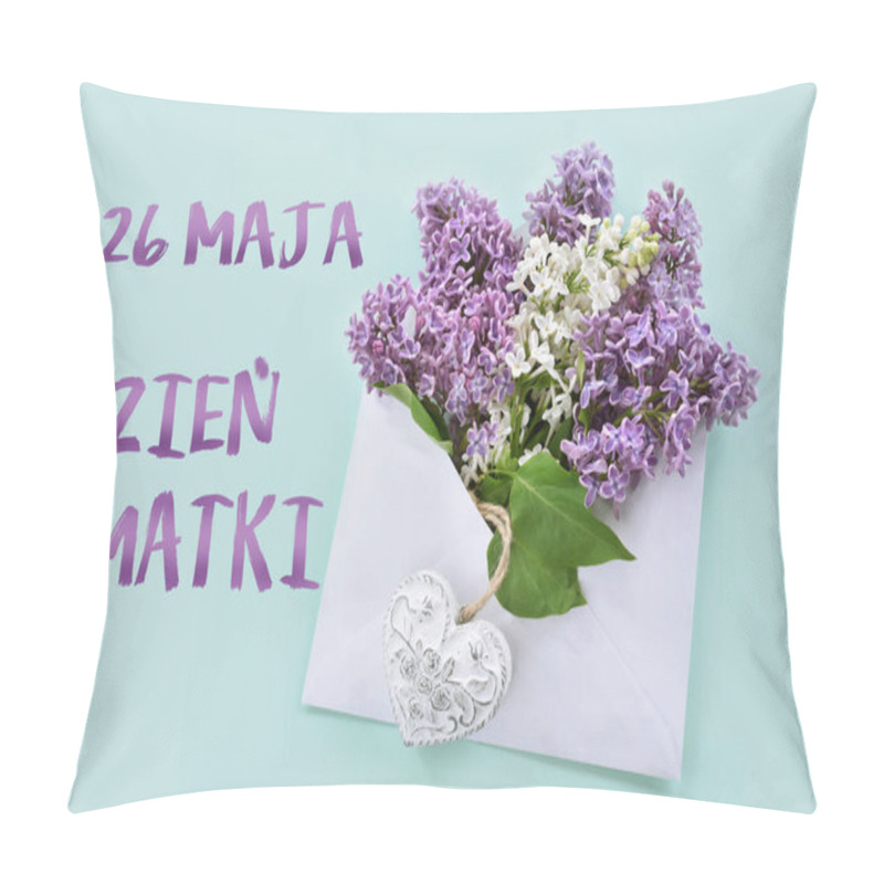 Personality  Flat Lay With White And Purple Lilac Blossoms In Envelope With A Heart For Mother's Day On Mint Background  Pillow Covers