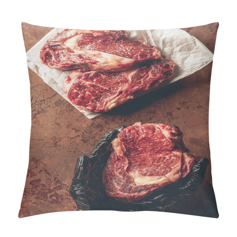 Personality  Cropped Image Of Butcher Holding Raw Meat For Steak In Hands Pillow Covers