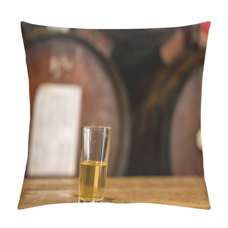 Personality  Tasting Of Different Sweet Wines From Wooden Barrels On Old Bodega Wine Bar In Central Part Of Malaga, Andalusia, Spain Pillow Covers