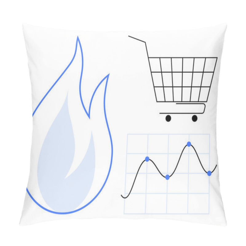 Personality  Blue Flame, Black Shopping Cart, And Line Graph With Fluctuations. Ideal For Business, Marketing Strategies, Sales Trends, Data Analysis, And E-commerce. Minimalist, Modern Style Pillow Covers