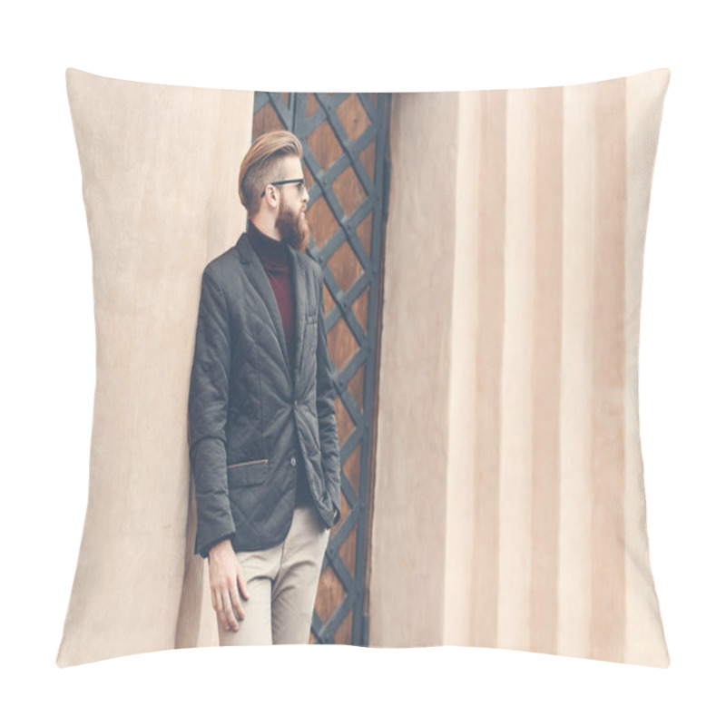 Personality  Man Leaning On Old Building Pillow Covers