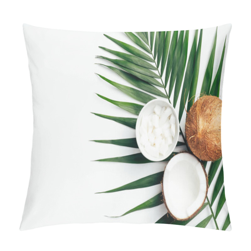 Personality  Coconut Fruit With Half And Coconut Flakes Grated In Bowl, Tropical Palm Leaf On White Background. Flat Lay, Top View. Summer Background. Pillow Covers