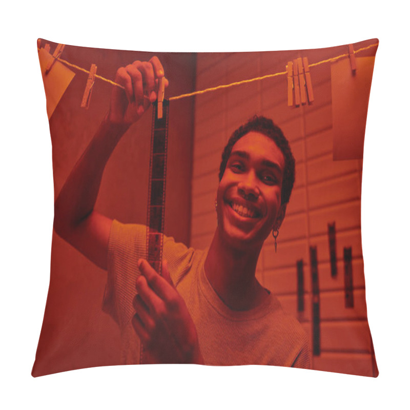 Personality  Cheerful African American Man Hanging Freshly Developed Film Strip  In A Red-lit Darkroom, Nostalgia Pillow Covers