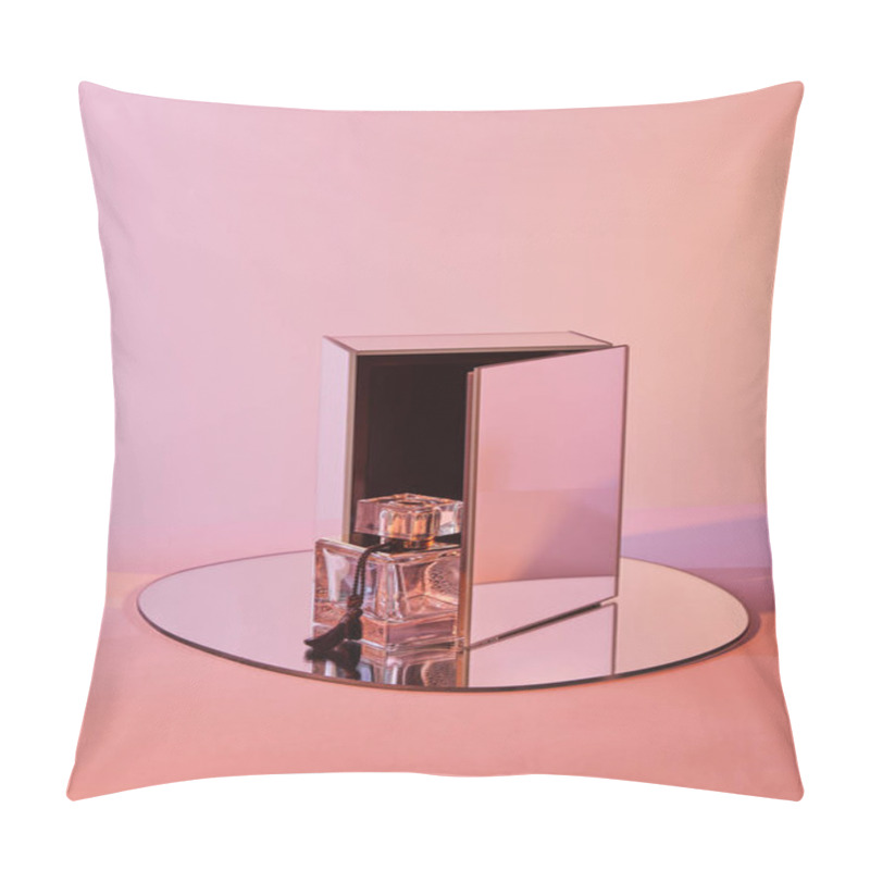 Personality  Perfume Bottle On Round Mirror With Cube On Pink Background Pillow Covers