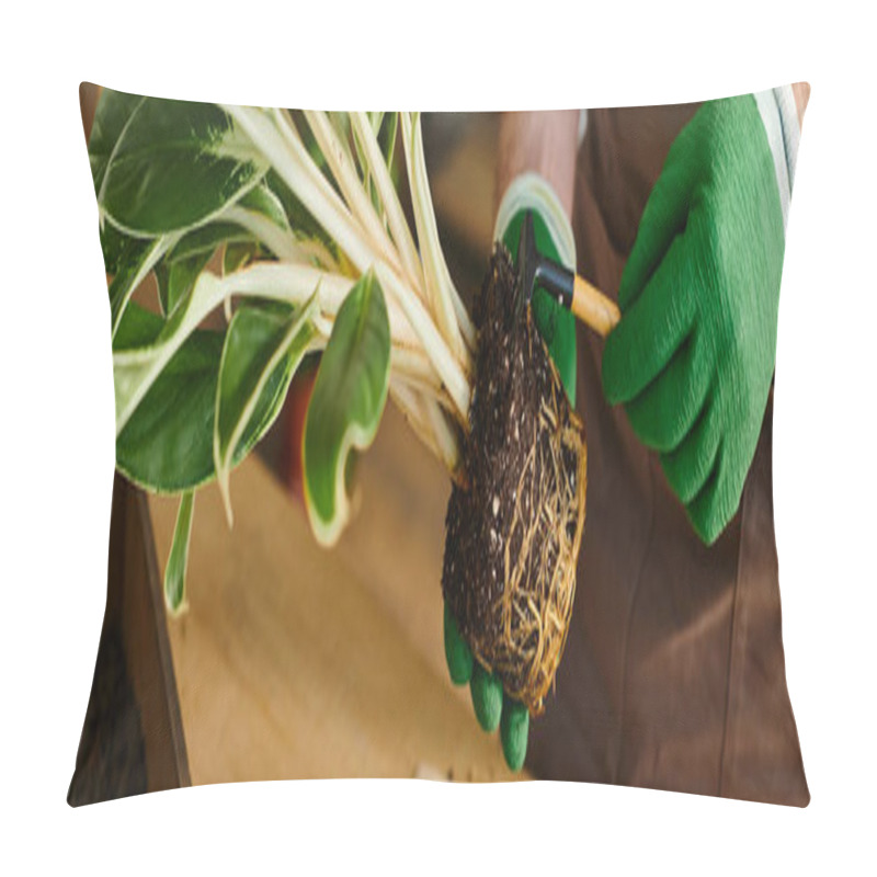 Personality  A Person In Green Gloves Delicately Holds A Plant In A Serene Botanical Setting. Pillow Covers