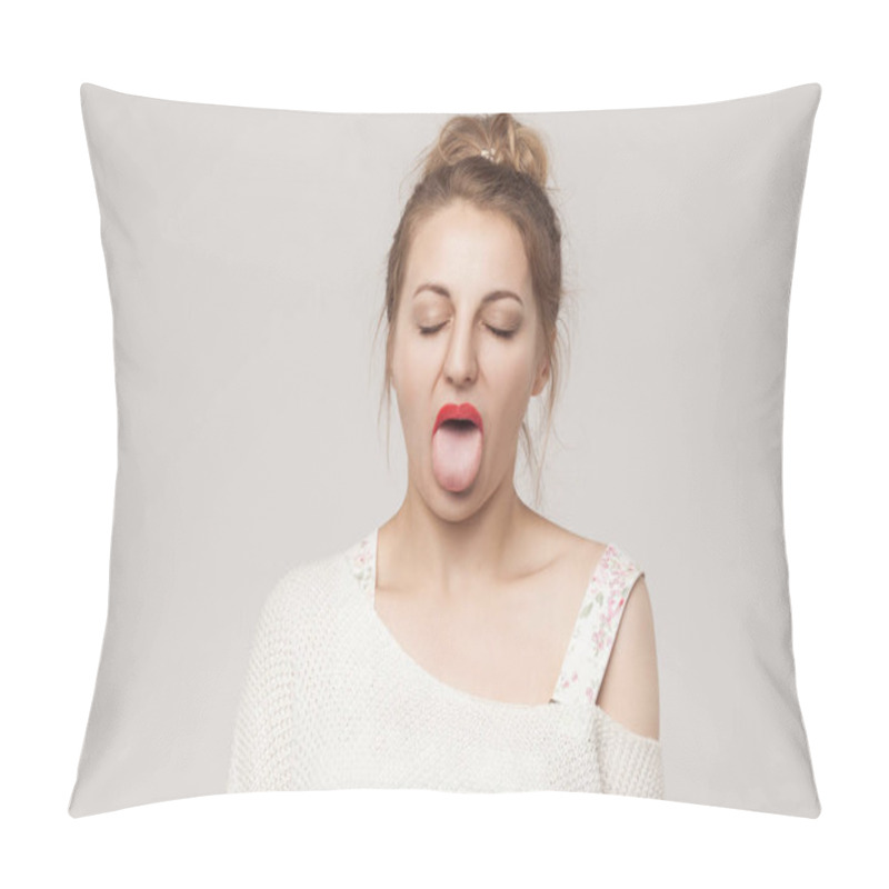 Personality  Funny Woman Closed Eyes And Tongue Out . Studio Shot, Isolated On Gray Background Pillow Covers