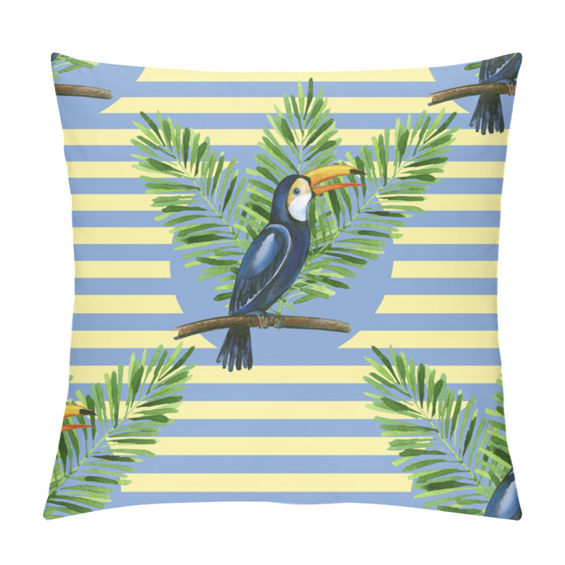 Personality  Toucan And Banana Leaves On The Stiped Background Seamless Pattern. Pillow Covers