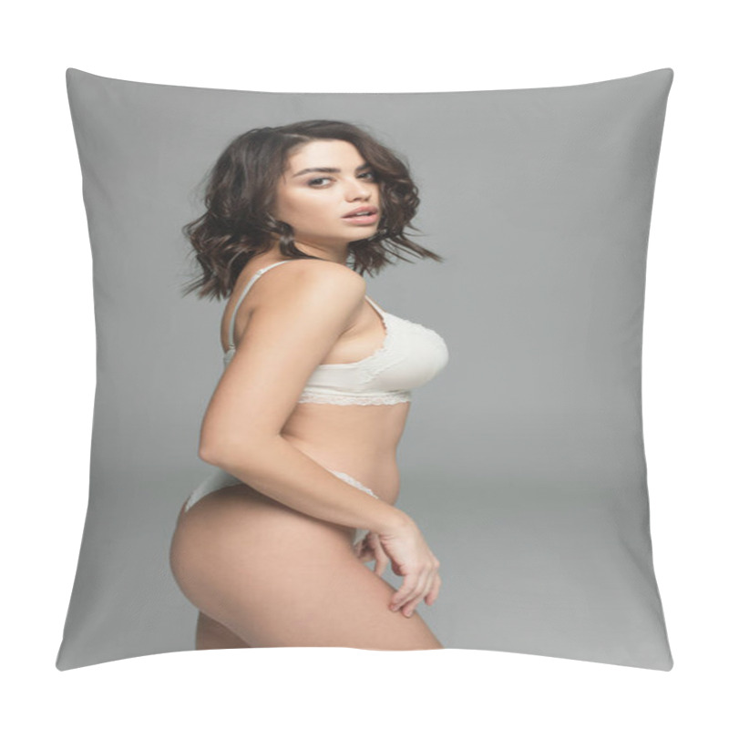 Personality  Seductive Woman In Lingerie Looking At Camera Isolated On Grey  Pillow Covers