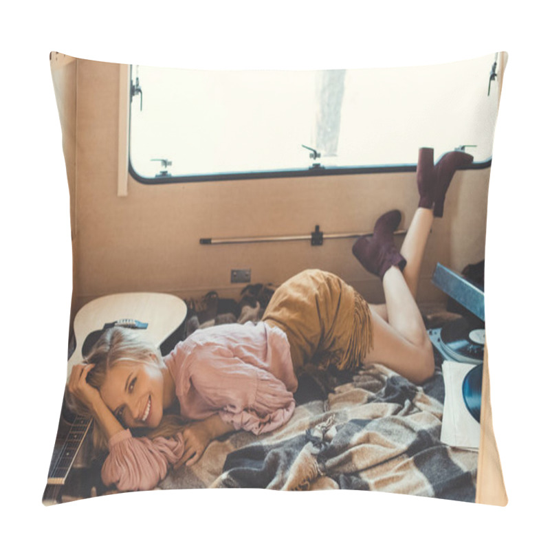 Personality  Attractive Laughing Girl Lying Inside Trailer With Acoustic Guitar And Vinyl Player  Pillow Covers