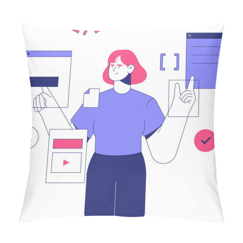 Personality  Female Programmer Surrounded By Digital Interface Elements Like Windows, Icons, And Buttons, Representing Software Development And Innovative Coding Concepts. Pillow Covers