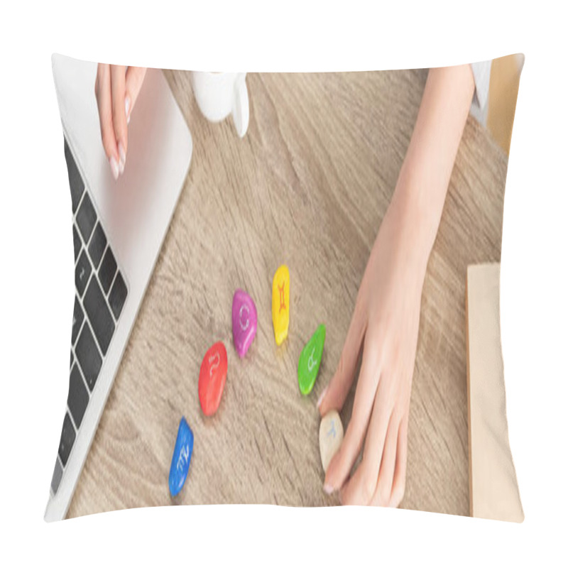 Personality  Cropped View Of Woman Holding Stone With Zodiac Sign And Using Laptop At Table, Panoramic Shot Pillow Covers