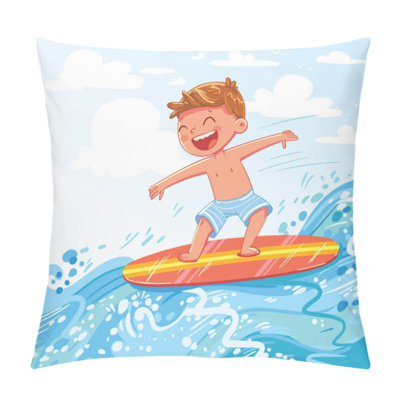 Personality  Young Boy Surfing On Sea. Child On Surf Board On Ocean Wave. Kid Swimming With Body Board. Active Water Sports For Kids. Funny Cartoon Character. Vector Illustration Pillow Covers