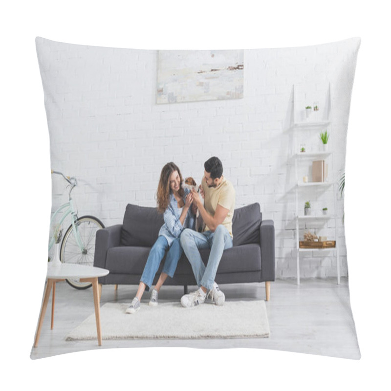 Personality  Cheerful Interracial Couple Petting Jack Russell Terrier In Modern Living Room  Pillow Covers