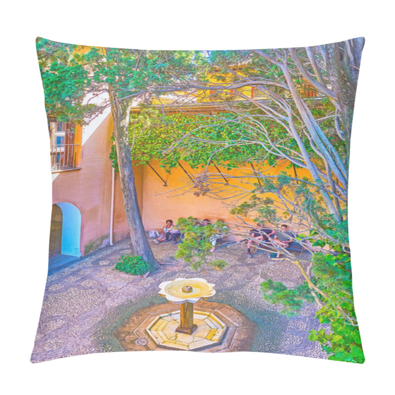 Personality  GRANADA, SPAIN - SEPTEMBER 25, 2019: The Small Patio Of The Wrought Iron Grille (Nasrid Palace, Alhambra) With Geometric Pebble Pattern On The Floor And Small Fountain Amid The Trees, On September 25 In Granada Pillow Covers