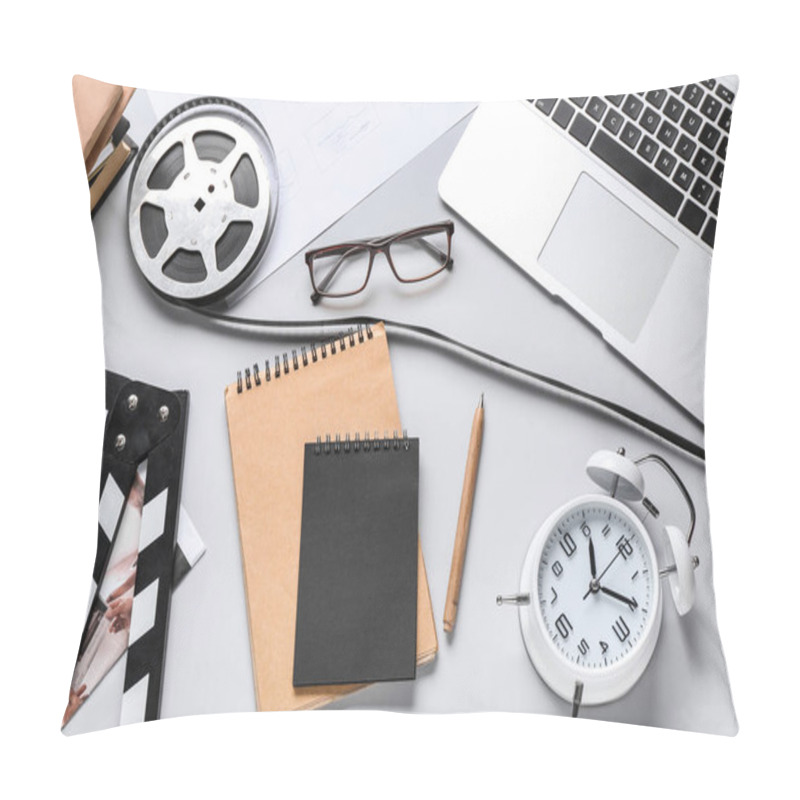 Personality  Notebooks With Film Reel, Movie Clapper, Alarm Clock And Laptop On Grey Background Pillow Covers