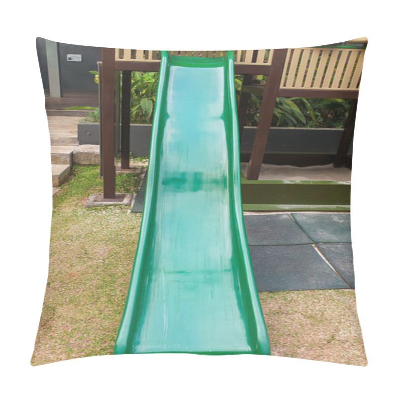 Personality  A Green Slide Leading Down From A Wooden Children Playground Structure Pillow Covers