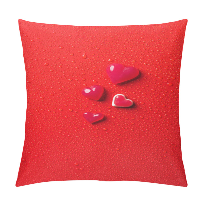 Personality  Top View Of Heart Shaped Candies On Red Surface With Water Drops Pillow Covers