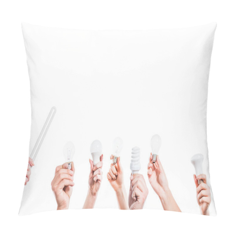 Personality  Cropped View Of People Hands Holding Fluorescent Lamps  In Hands Isolated On White, Energy Efficiency Concept Pillow Covers