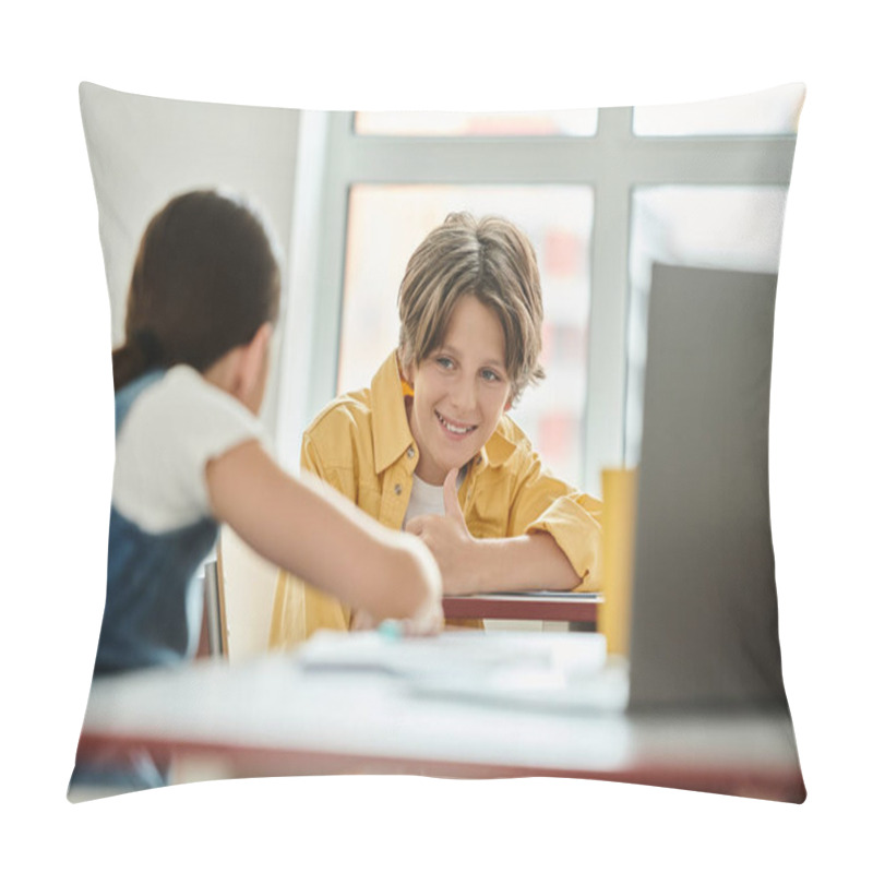 Personality  A Kid Is Seated At A Table With A Laptop, Engaged In Work Or Study. Pillow Covers