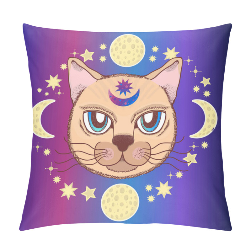 Personality  Vector Pattern With A Cat, Moon, Stars. Magical And Fairy. Suitable For Postcards, Printing, Posters, Textiles. Pillow Covers