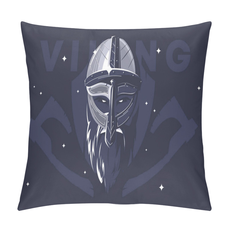 Personality  Vector Illustration Of Viking Helmet With Beard And Viking Face, Medieval Warrior, Silhouette Of Wooden Battle Shield And Axes Pillow Covers