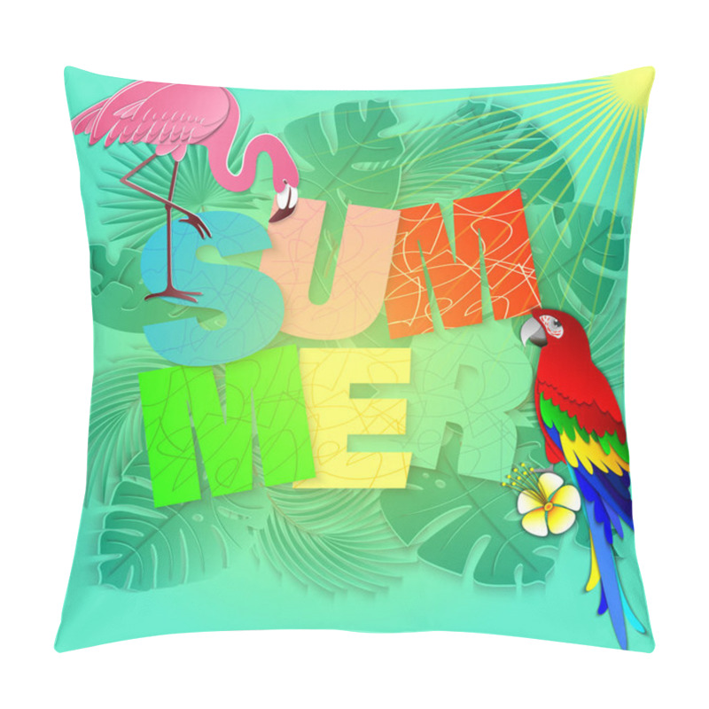 Personality  Summer Banner With Tropical Berds, Palm Leaves And Flowers Background. Exotic 3d Design For Sale Banner, Flyer, Invitation, Poster, Web Site Or Greeting Card. Paper Cut Out Style, Vector Illustration. Pillow Covers