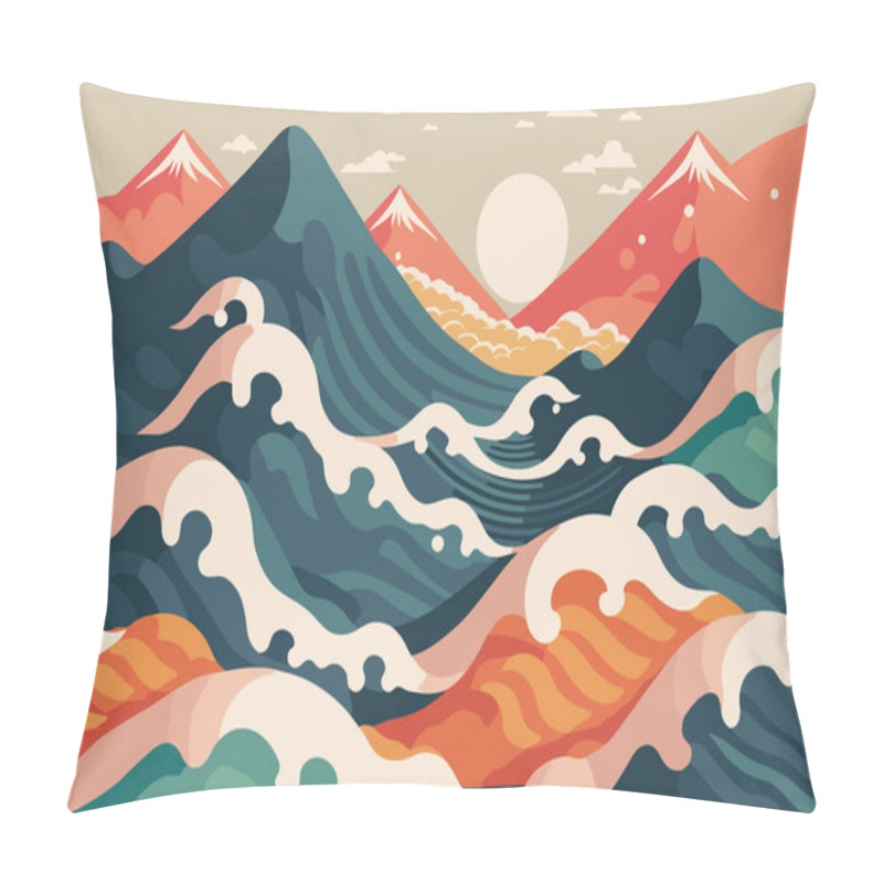 Personality  Illustration Big Ocean Wave With Sun Poster In Japanese Style Vector For Wall Art Print Design Template Pillow Covers