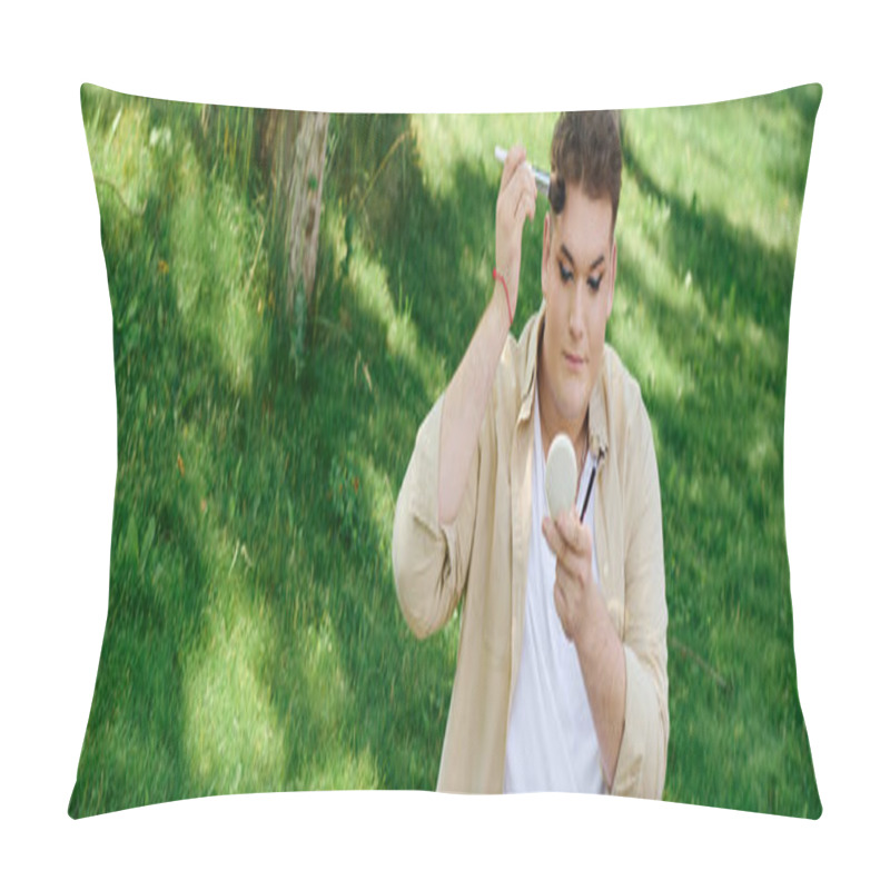 Personality  A Unique Individual Enhances Their Beauty With Makeup Surrounded By Natures Vibrant Greenery. Pillow Covers