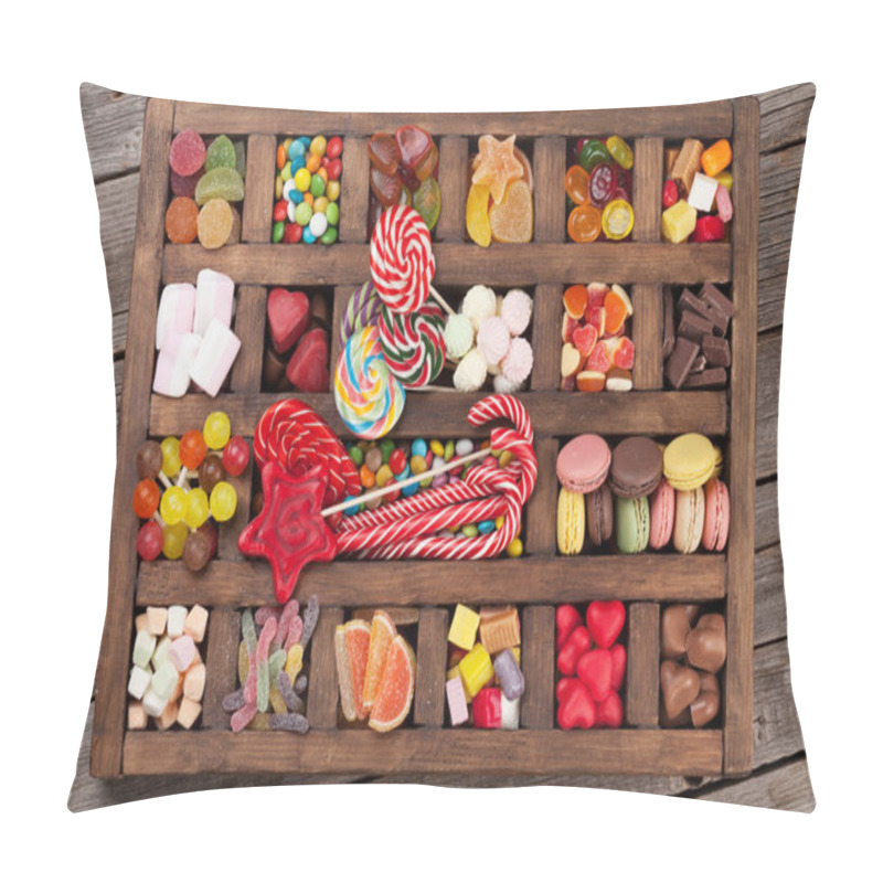 Personality  Colorful Sweets Box. Lollipops, Macaroons, Marshmallow, Marmalade And Candies. Top View Pillow Covers