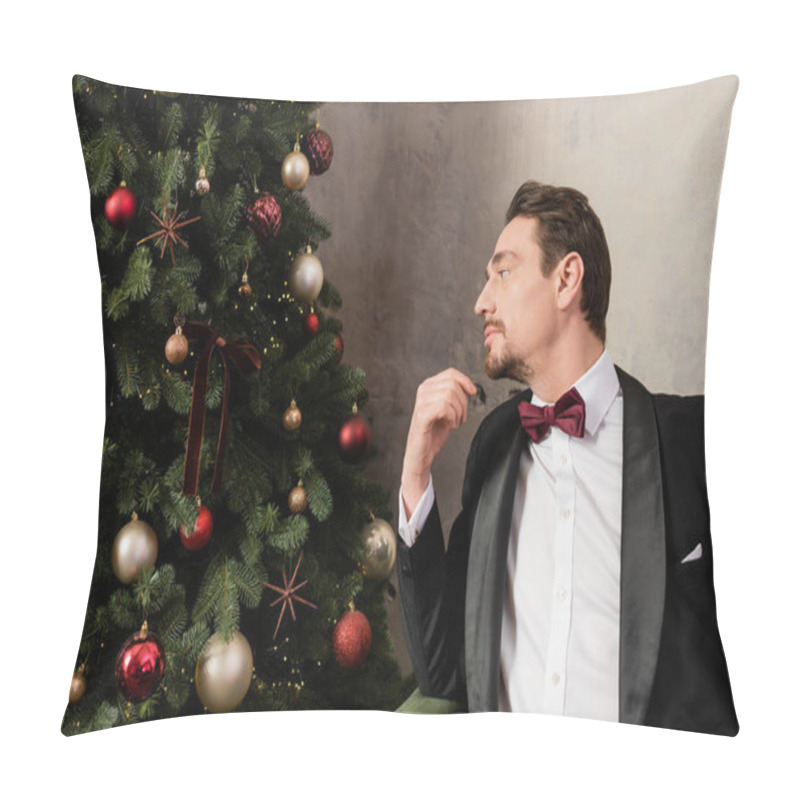 Personality  Well-dressed Gentleman With Beard Wearing Tuxedo With Bow Tie Sitting On Sofa Near Christmas Tree Pillow Covers