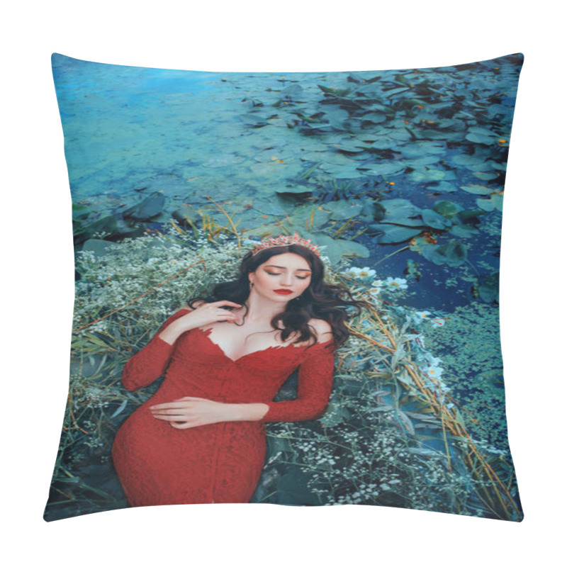 Personality  Art Photo Fairytale. Sleeping Beauty Lying On Bed With Flowers Green Leaves. Fantasy Woman Queen Floating In Boat, Blue Water. Eyes Closed Beautiful Face. Mystical Dream Princess. Fashion Red Dress  Pillow Covers