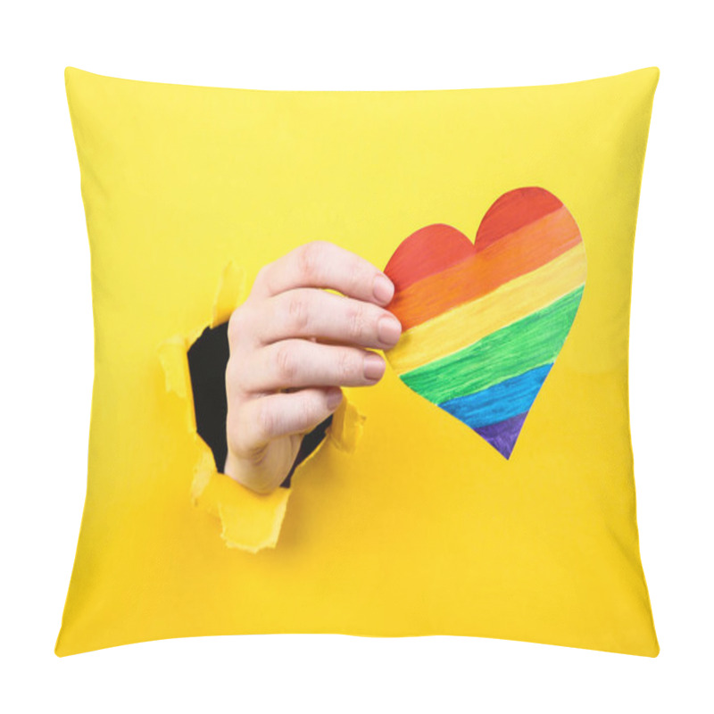 Personality  Hand Holding Paper Rainbow Heart From Yellow Torn Paper Pillow Covers