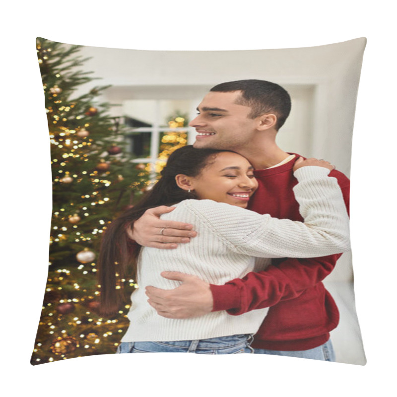 Personality  A Beautiful Couple Embraces Joyfully In Their Stylish, Festive Living Room During The Holidays. Pillow Covers