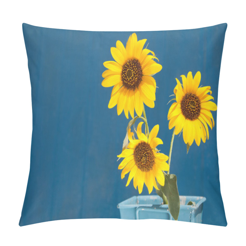 Personality  Sunflowers In A Light Blue Metal Pot Against Blue Barn Wall, With Copy Space Pillow Covers