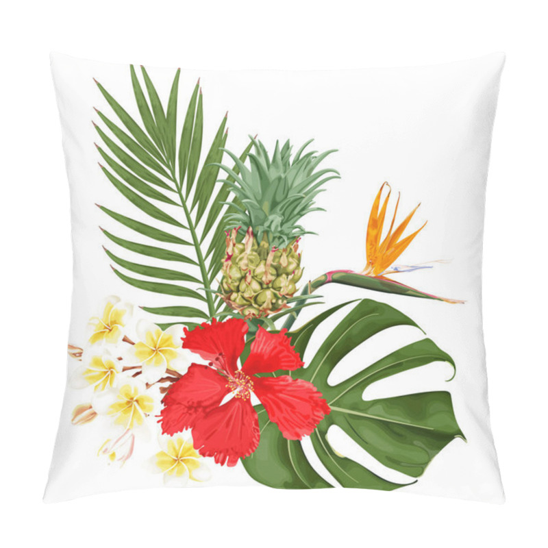 Personality  Summer Tropical Bouquet With Red Hibiscus Flowers, Strelitzia, Plumeria, Pineapple, Monstera And Palm Leaves. Stock Vector Illustration On A White Background. Pillow Covers