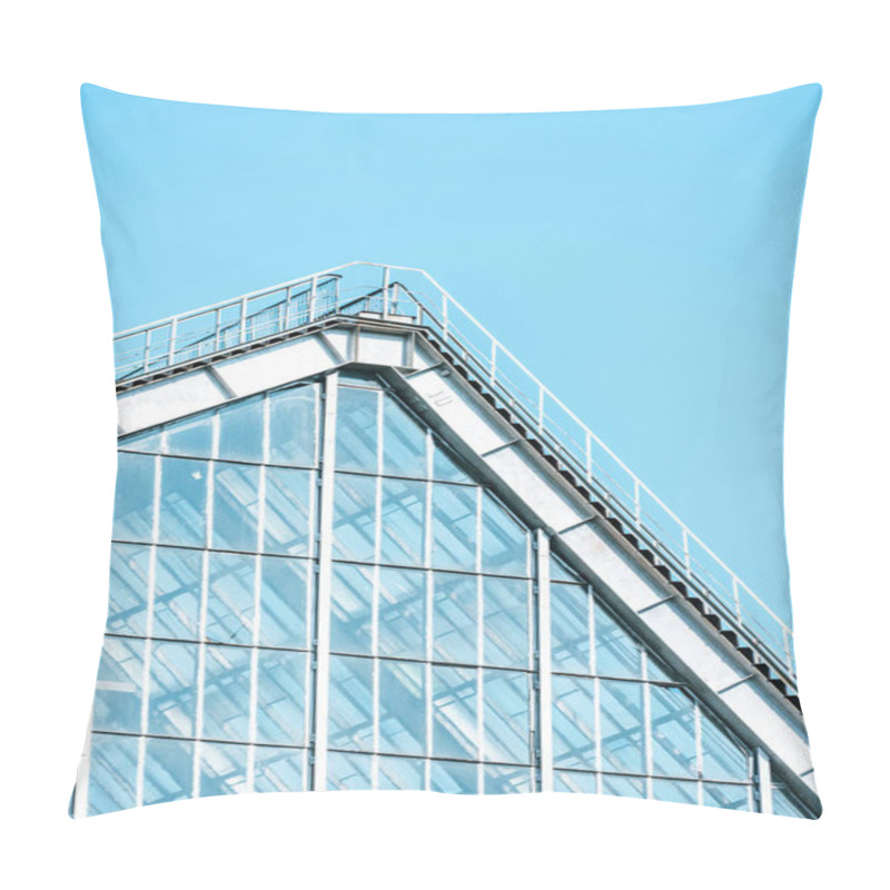 Personality  Low Angle View Of Glass Building And Roof Against Blue Sky Pillow Covers