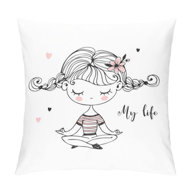 Personality  A Cute Girl Is Meditating In The Lotus Position. Vector. Pillow Covers