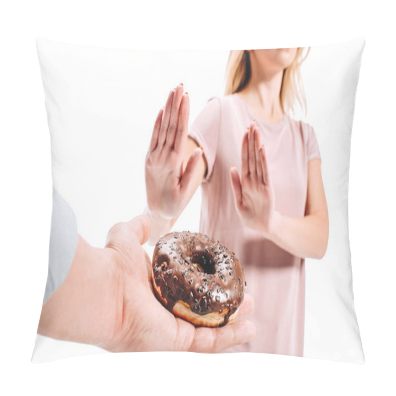 Personality  Cropped Image Of Woman Rejecting Chocolate Doughnut Isolated On White Pillow Covers