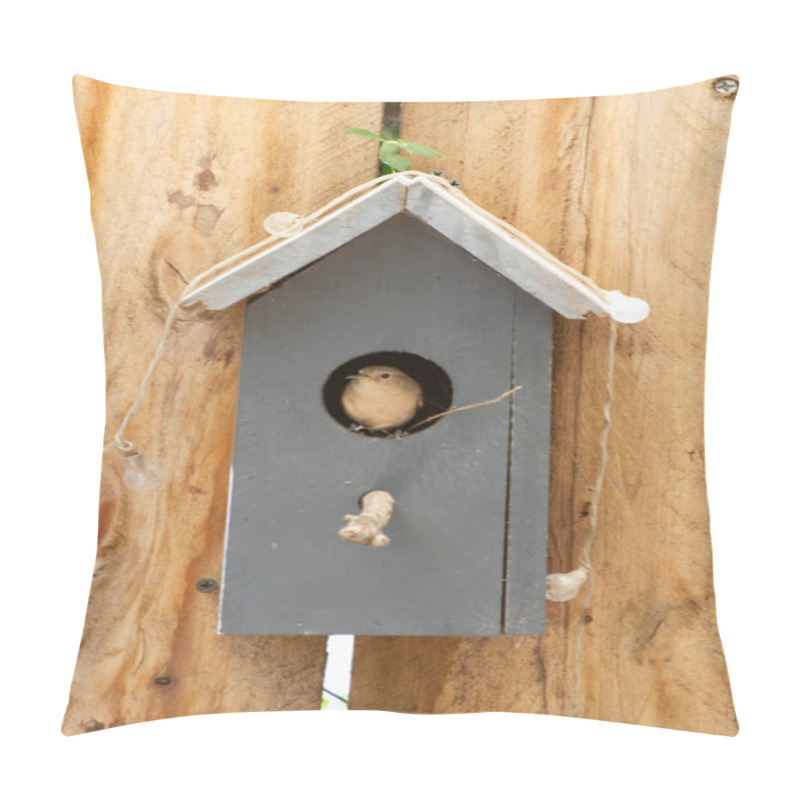 Personality  Bird In A Birdhouse Mounted On A Wooden Fence Pillow Covers