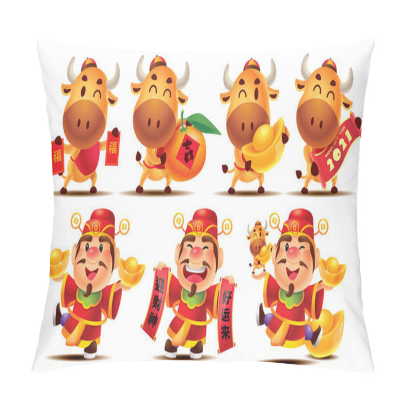 Personality  Chinese New Year 2021. Cartoon Cute Ox Character And God Of Wealth Character Series With Different Poses. Translation: Luck, Fortune, Welcome Caishen And Good Luck Will Come To You Pillow Covers