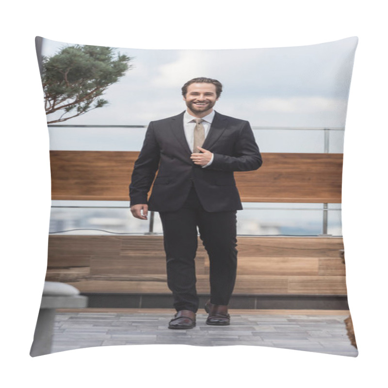 Personality  Happy Groom In Black Suit Looking At Camera On Terrace  Pillow Covers