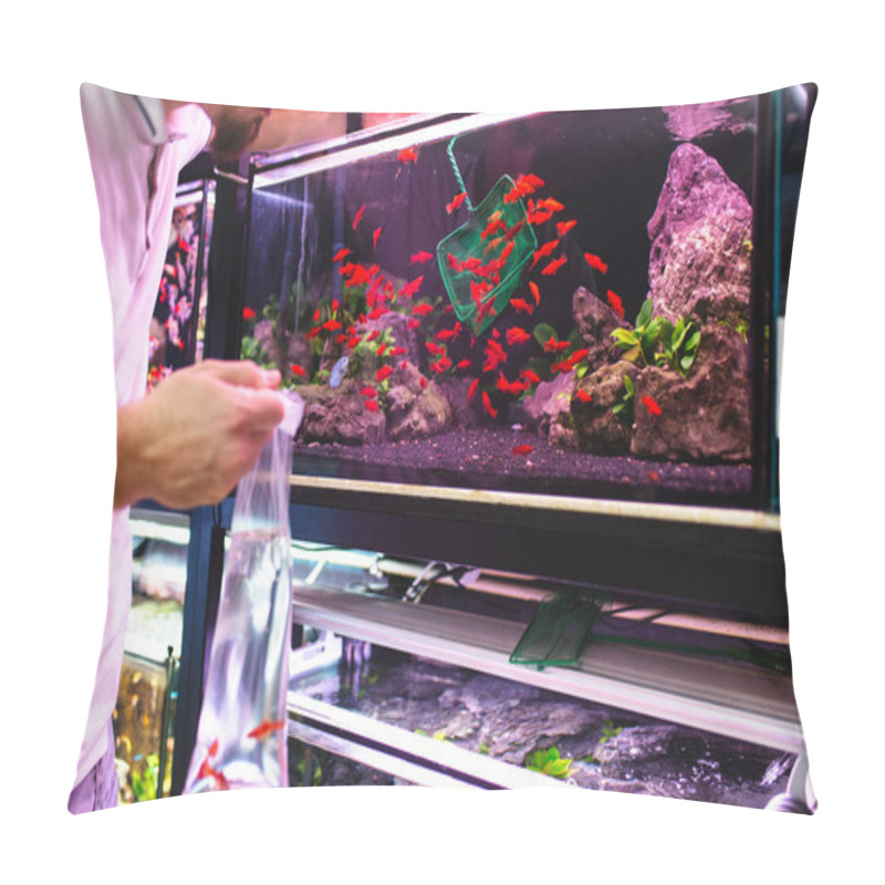 Personality  Male Worker In Aquarium Shop Catching Fishes With Net For Customer. Pillow Covers