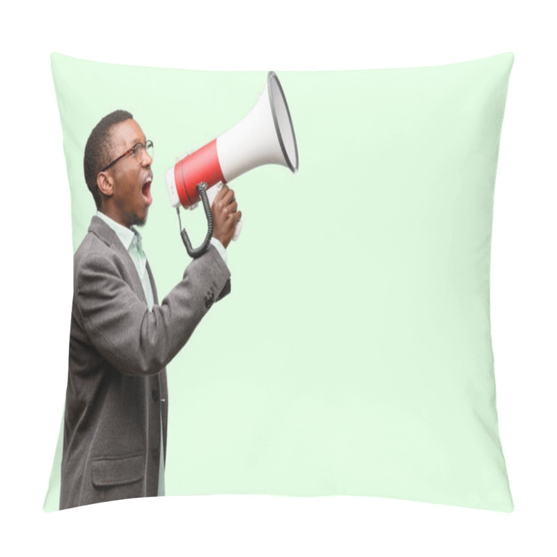 Personality  African Black Man Wearing Jacket Communicates Shouting Loud Holding A Megaphone, Expressing Success And Positive Concept, Idea For Marketing Or Sales Pillow Covers