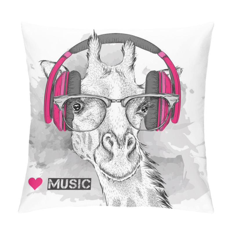 Personality  The Image Of The Giraffe In The Glasses And Headphones. Vector Illustration. Pillow Covers