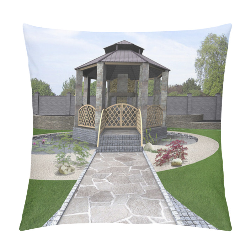 Personality  Koi Pond And Gazebo Exterior, 3d Rendering Pillow Covers