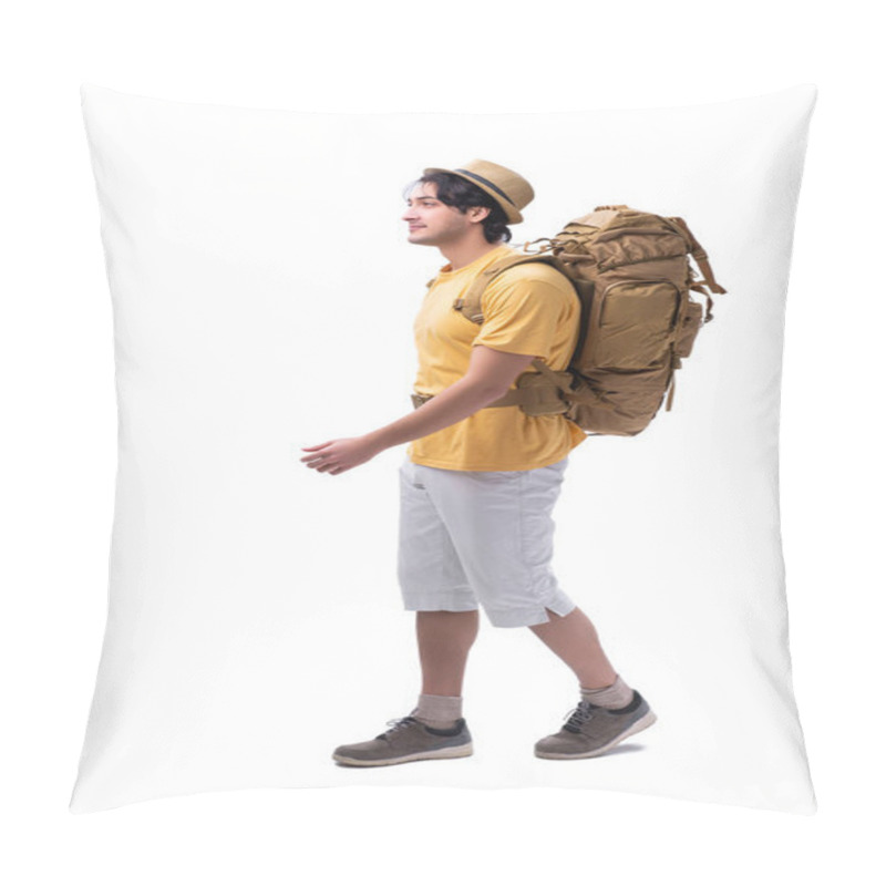 Personality  Young Handsome Tourist Isolated On White  Pillow Covers