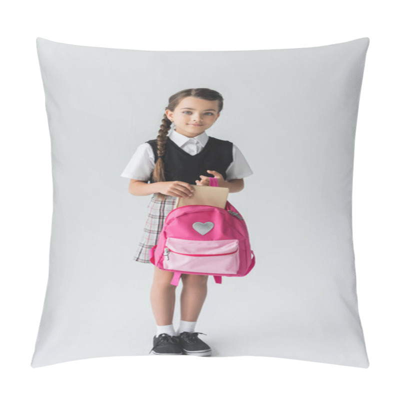 Personality  Full Length Of Cute Schoolgirl In Uniform Holding Pink Backpack And Book On Grey  Pillow Covers