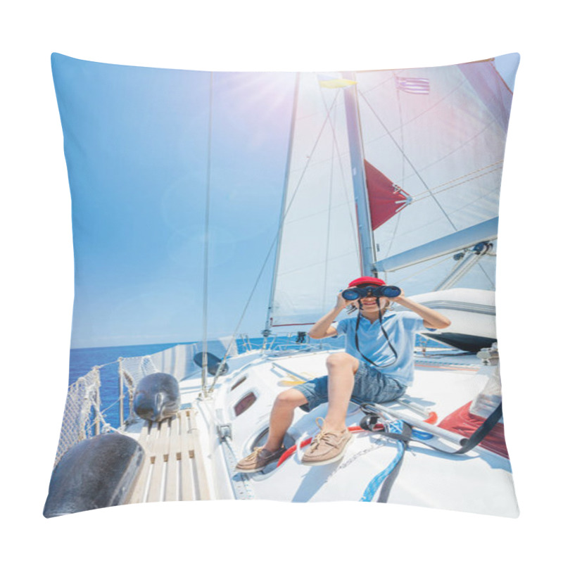 Personality  Little Boy Captain On Board Of Sailing Yacht On Summer Cruise. Travel Adventure, Yachting With Child On Family Vacation. Pillow Covers