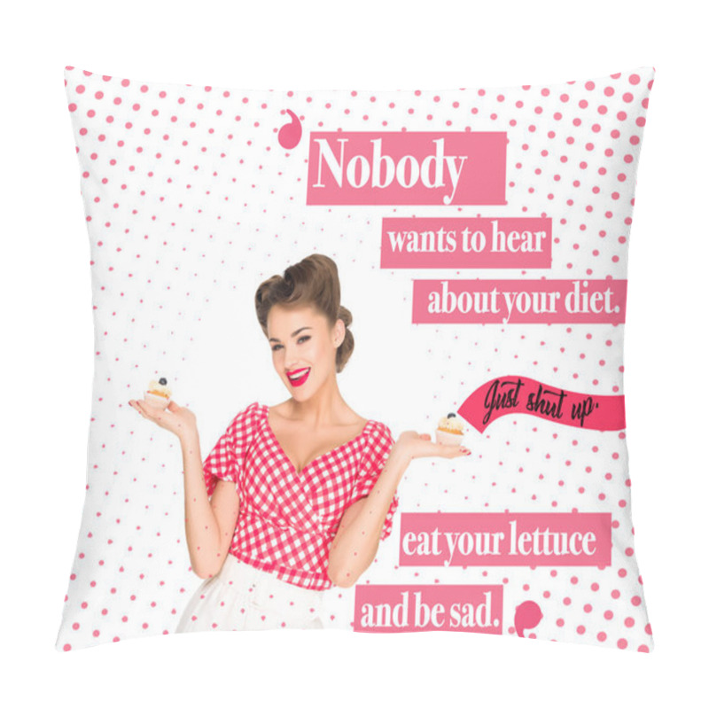 Personality  Portrait Of Beautiful Woman In Pin Up Clothing With Cupcakes And Body Positive Quote Pillow Covers