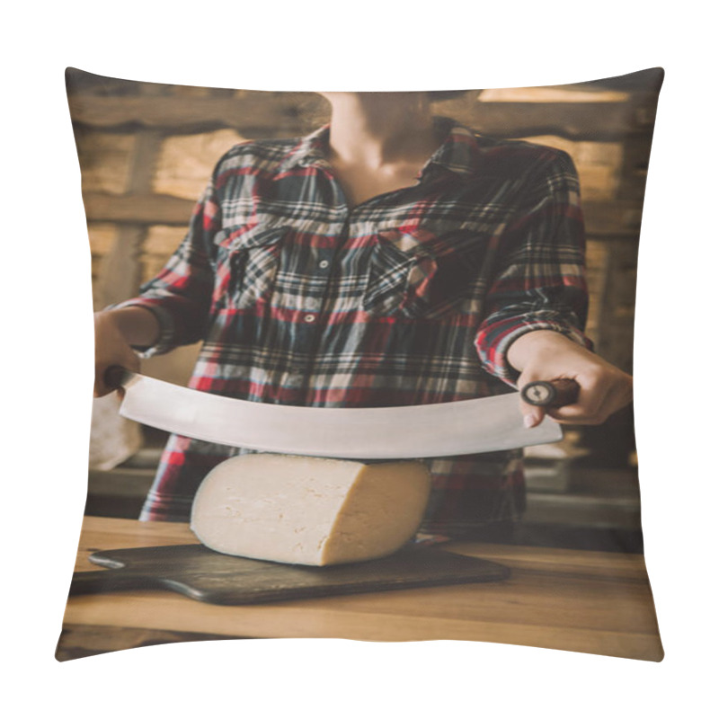 Personality  Cropped Shot Of Woman Cutting Cheese With Double Handled Knife Pillow Covers